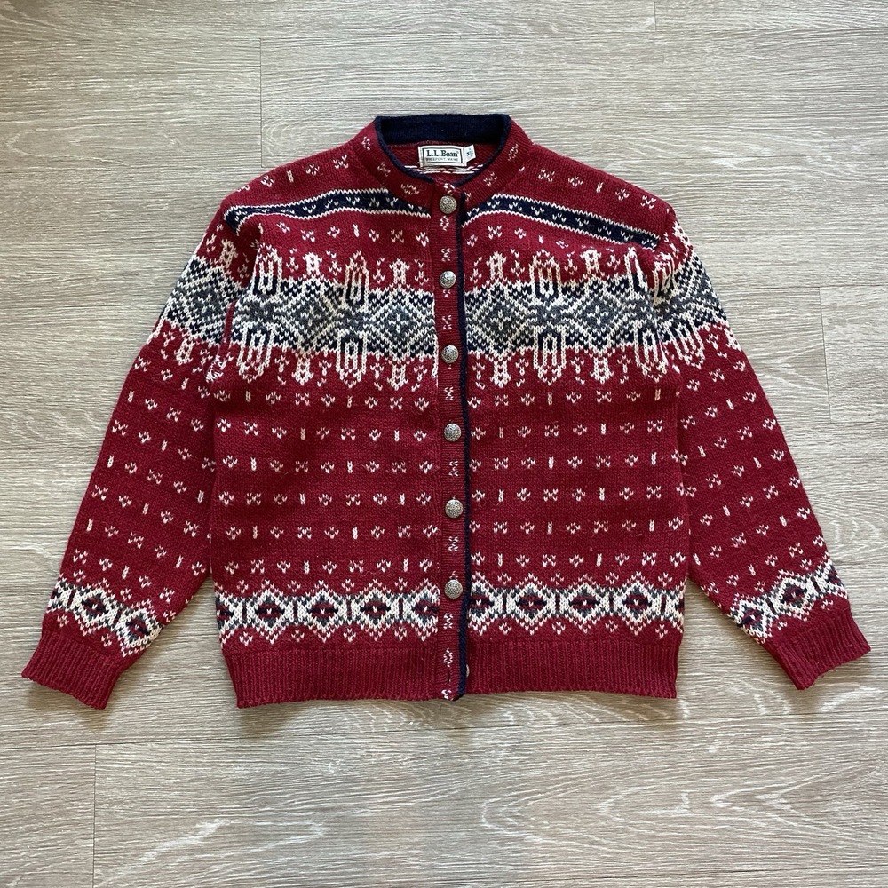 Vintage L.L. Bean Fair Isle Wool Sweater Women's M Red Made in USA Norwegian